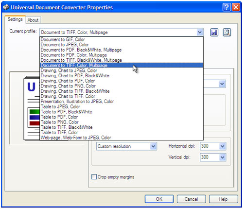 Select the "Document to TIFF, Color, Multipage" profile in the Printing Preferences window and press "OK".